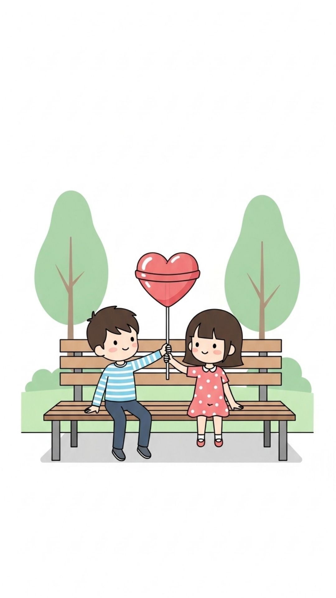 A cute cartoon illustration of a boy and girl holding hands on a park bench, with the boy offering a heart-shaped lollipop.