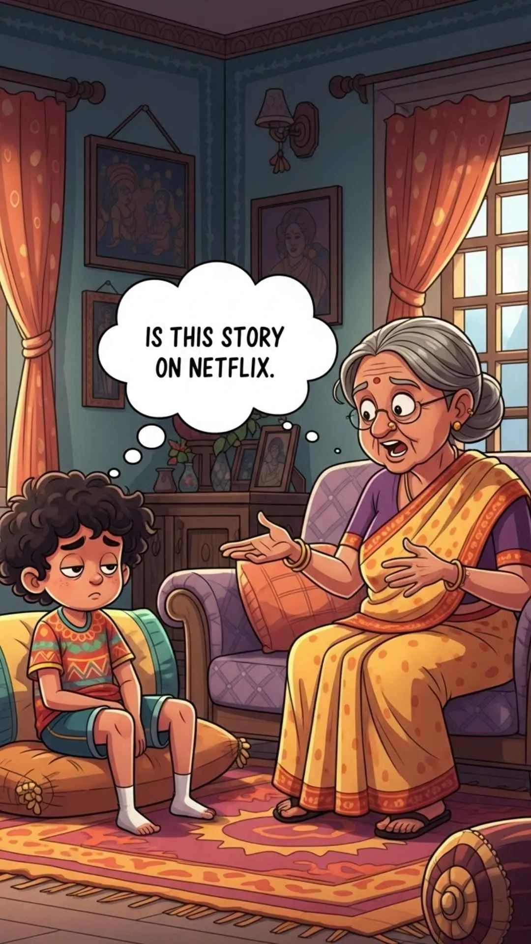 Funny Indian family DP, desi humor WhatsApp profile pic, relatable family story meme, Indian parents joke.
