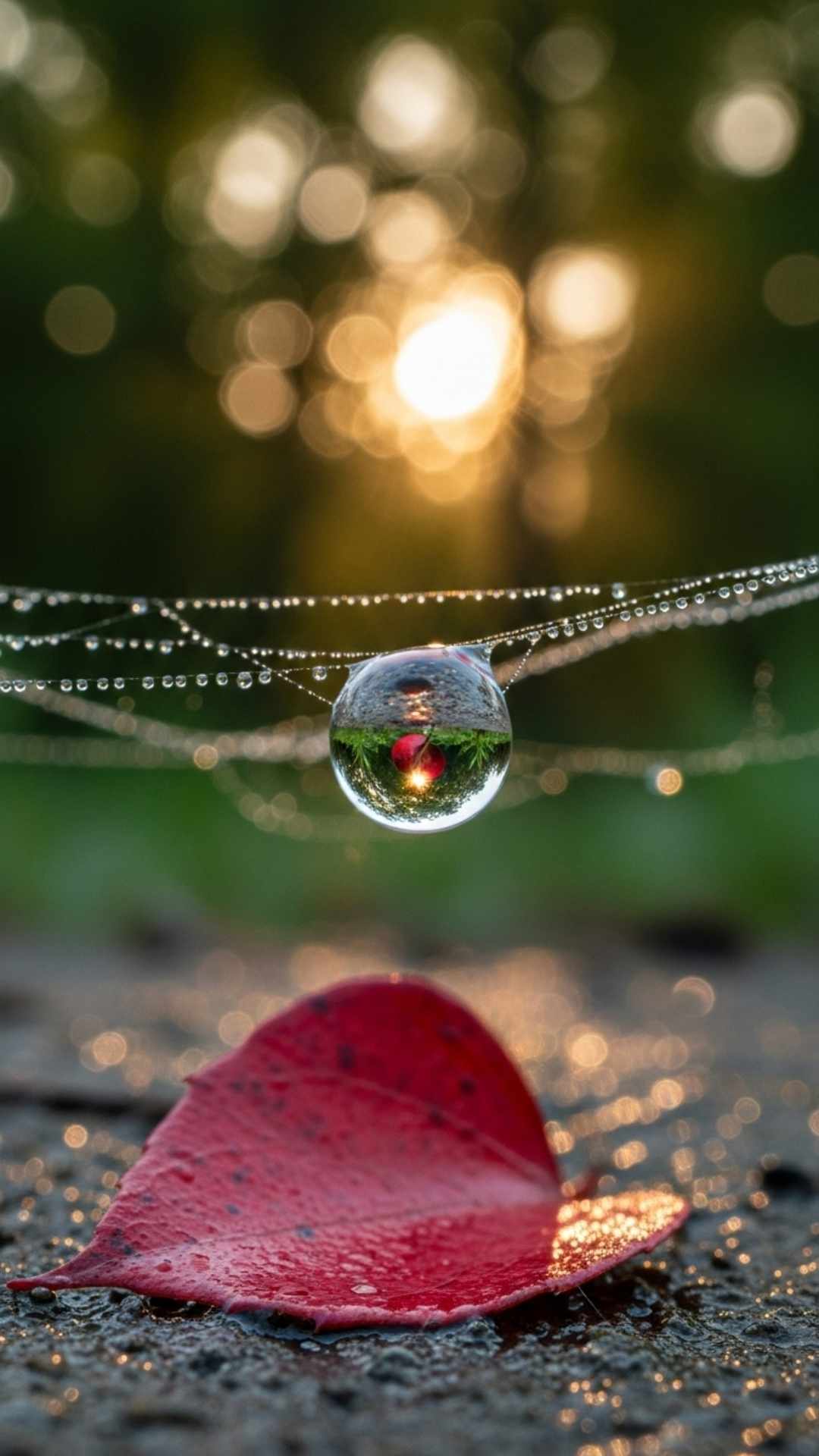 A dewdrop on a spiderweb reflecting a heart-shaped leaf, symbolizing a delicate and meaningful emotional connection.