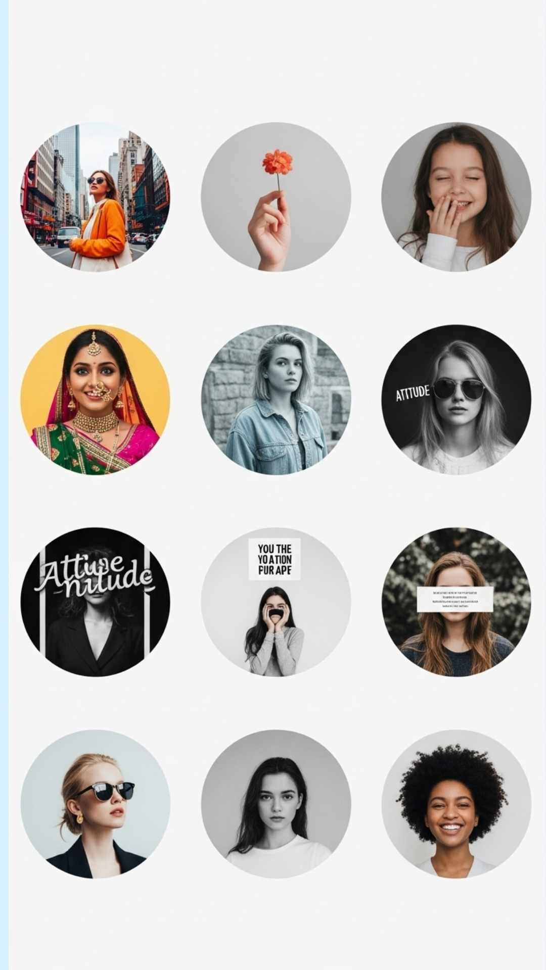 A nine-panel grid collage showcasing diverse Instagram profile picture styles for girls, including stylish, aesthetic, cute, traditional, and attitude