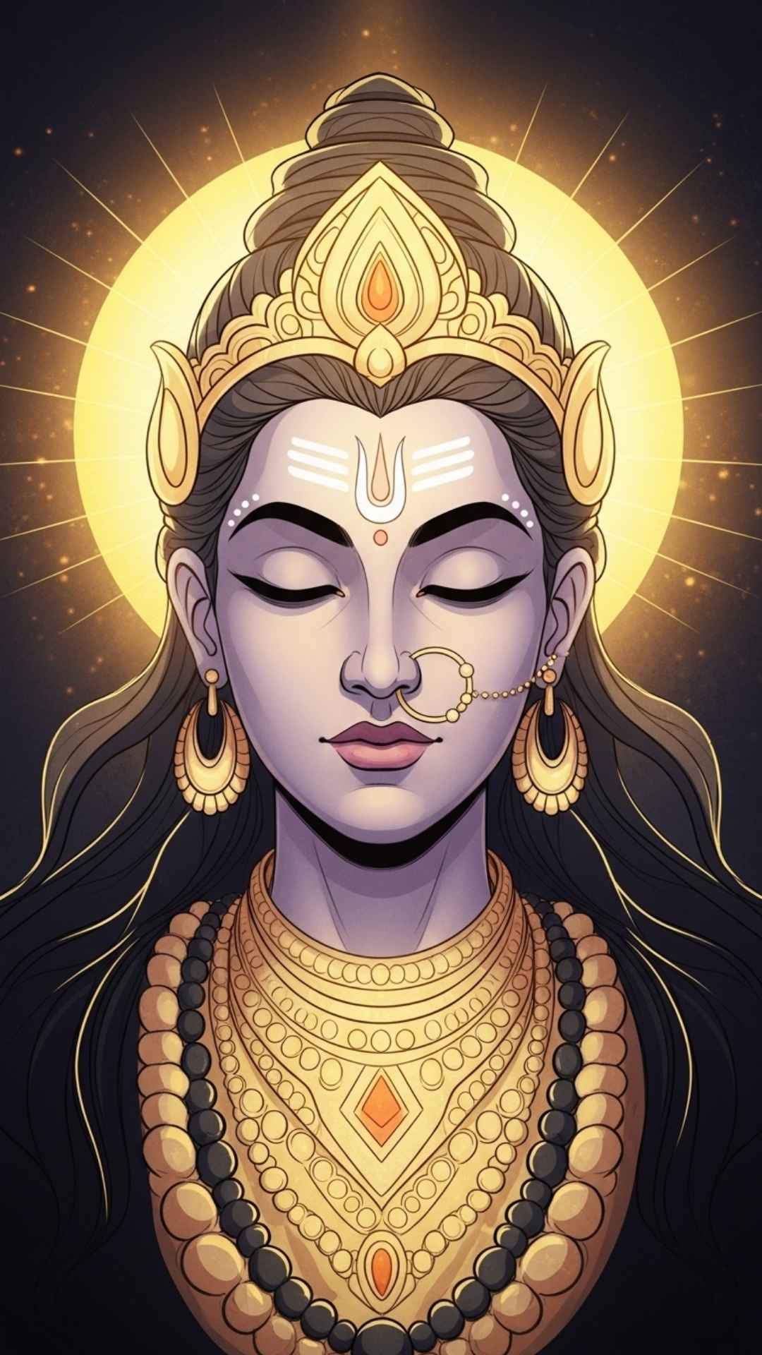 A stylized, cinematic portrait of a deity with a peaceful and powerful expression, surrounded by a soft golden light against a dark background