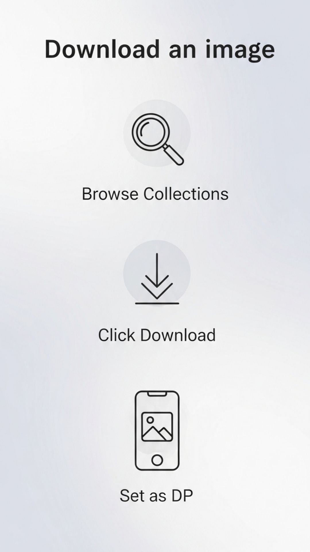 An infographic showing three simple steps to download an image to a mobile device: browse, download, and set as a display picture.