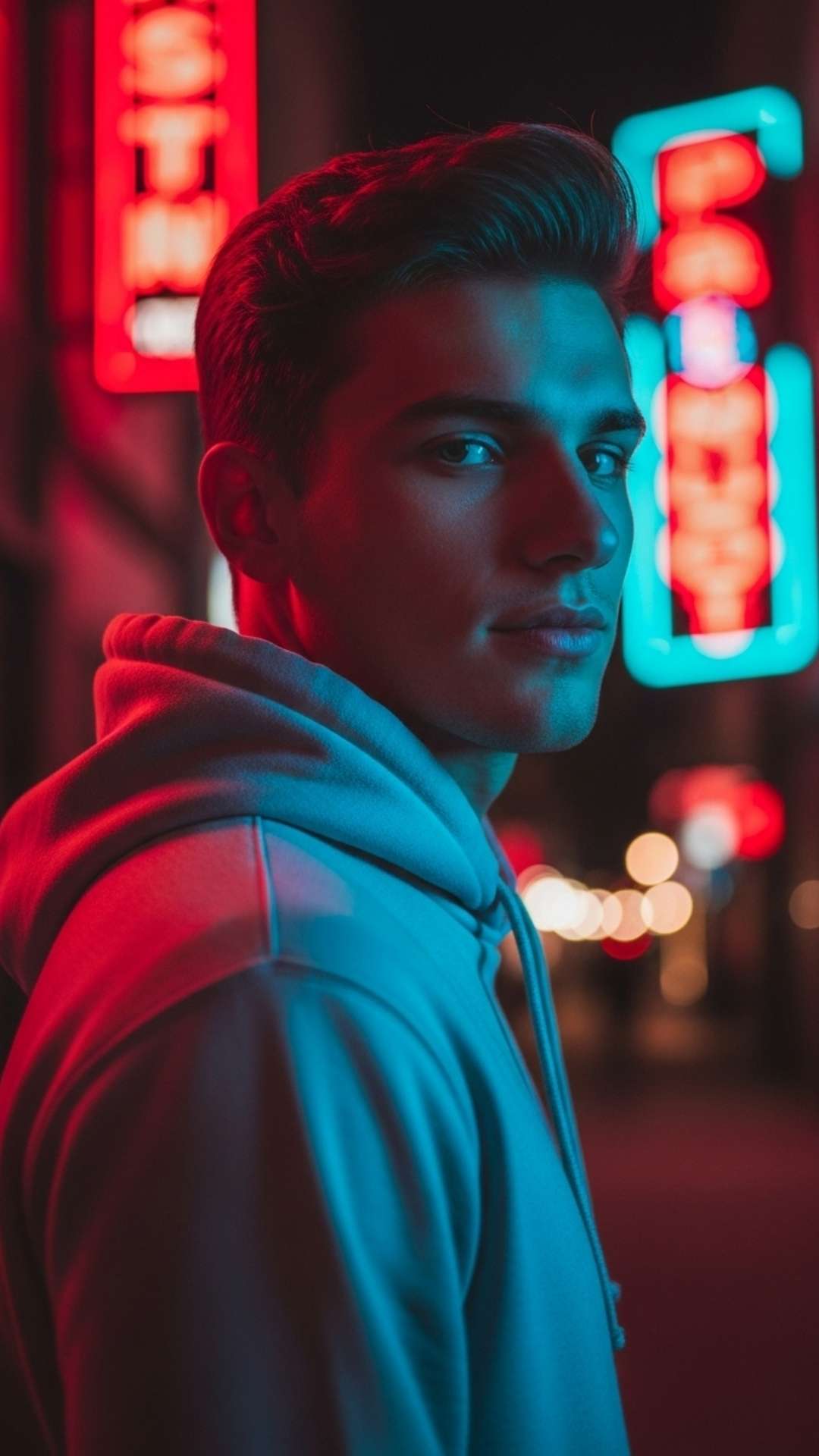 An edgy and confident portrait of a young man with a smirk, standing in a blurred, neon-lit city street, designed for a male profile picture