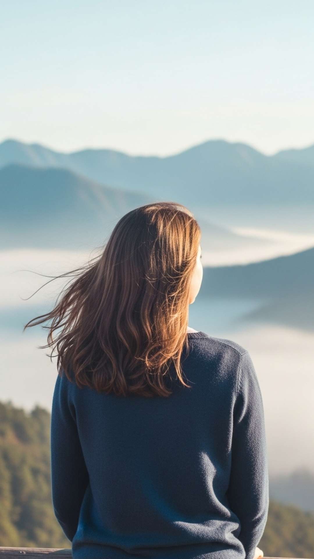 A dreamy and artistic photo of a young woman looking out at misty mountains, with her back to the camera, created for a female profile picture.