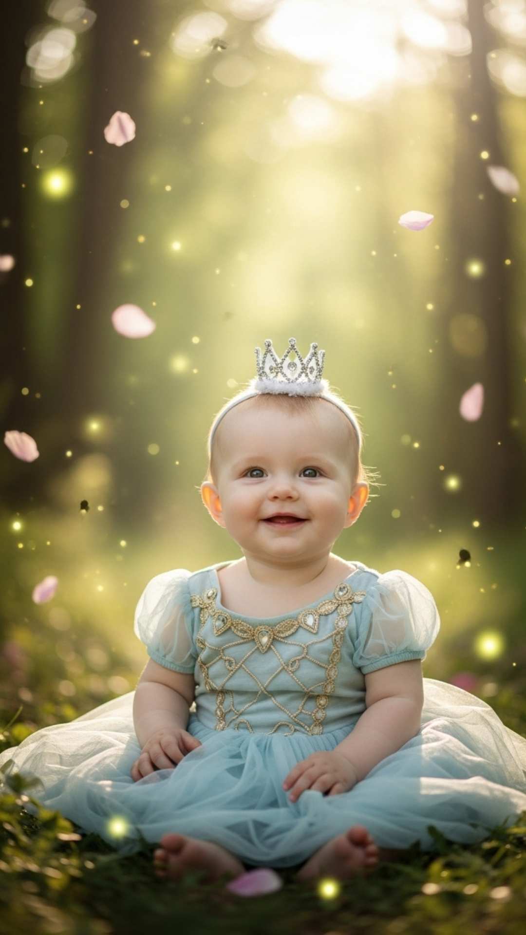A baby princess wearing a tiny crown in a magical, sun-drenched enchanted forest, with a dreamy atmosphere.