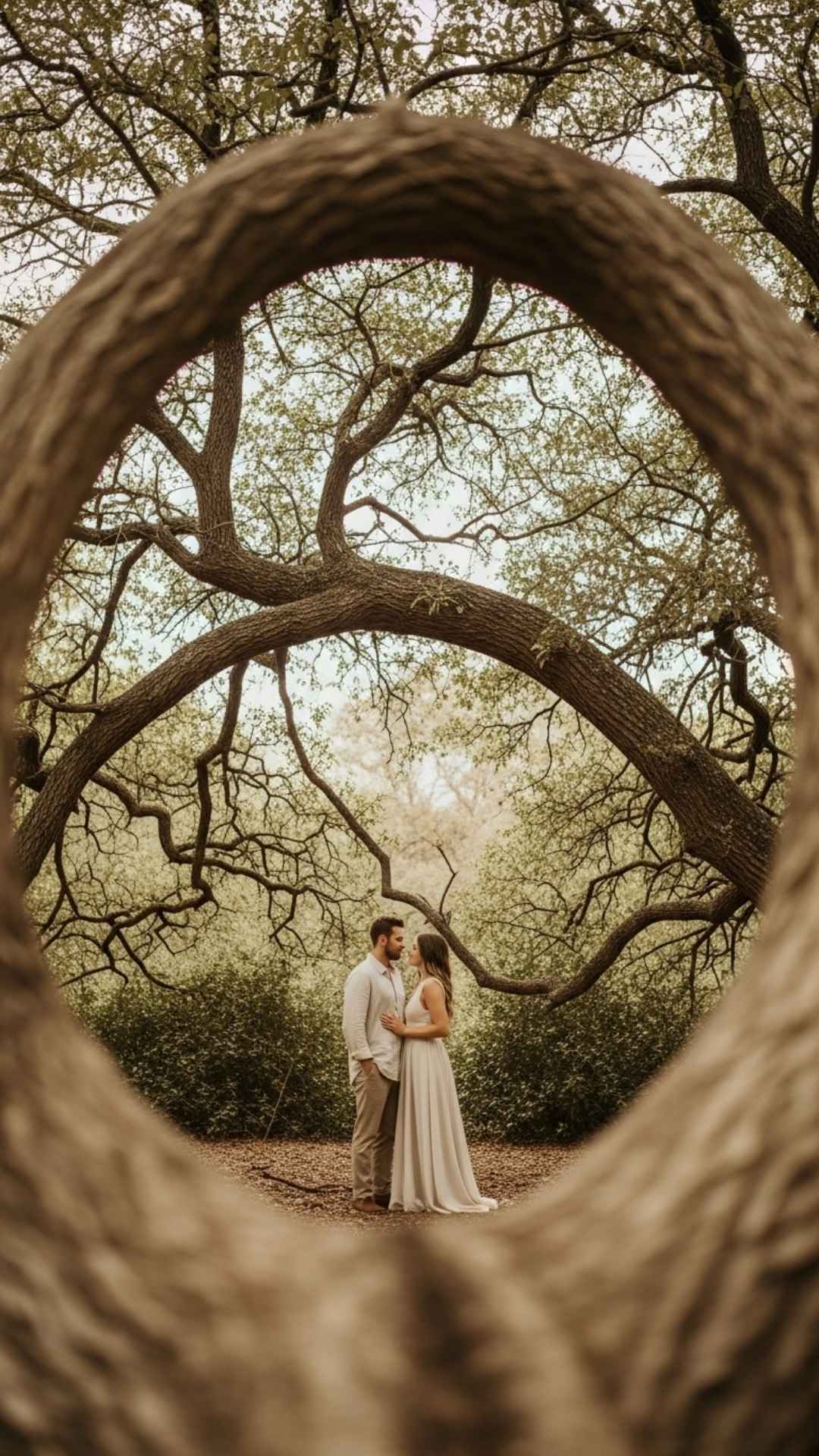A couple in earthy tones stands beneath a large tree branch, with the natural frame creating a soft, aesthetic composition