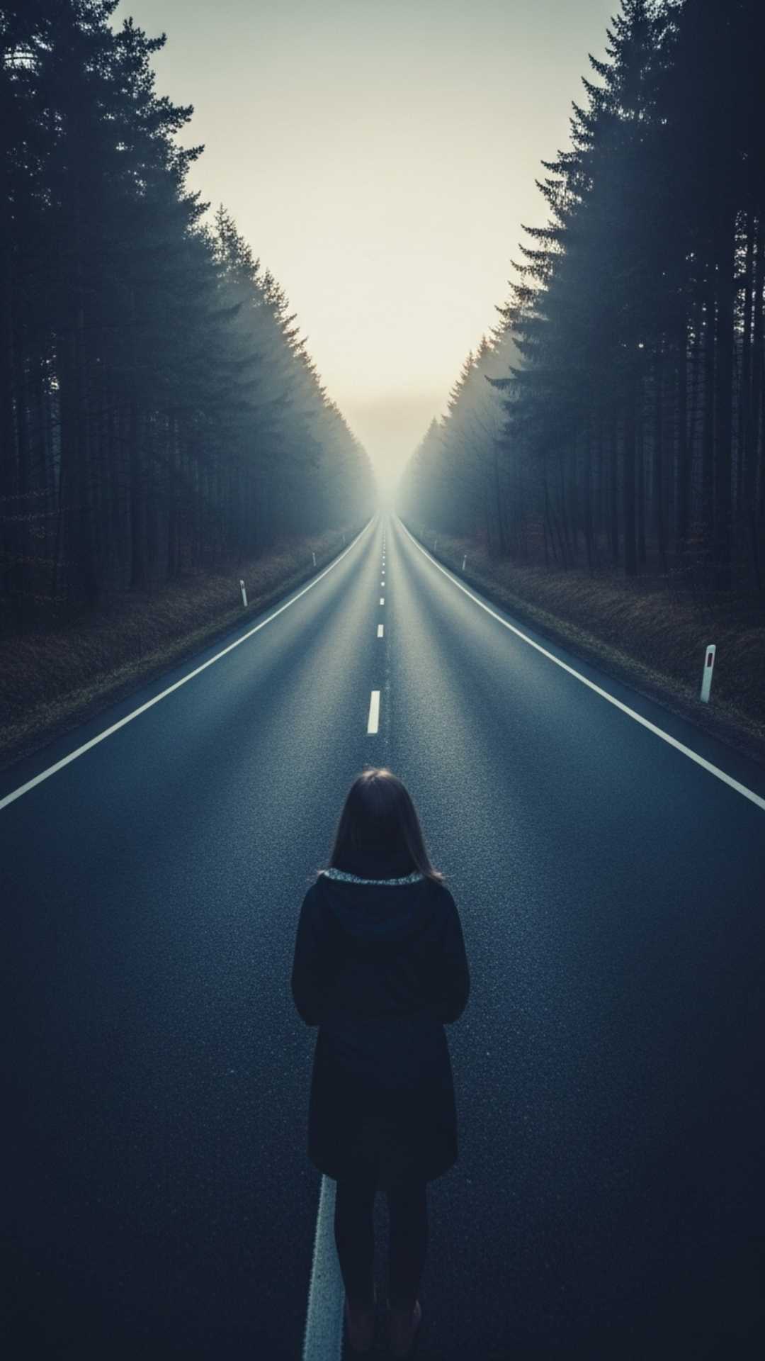 A cinematic shot of a long, empty road at dusk, with a solitary figure standing in the distance.