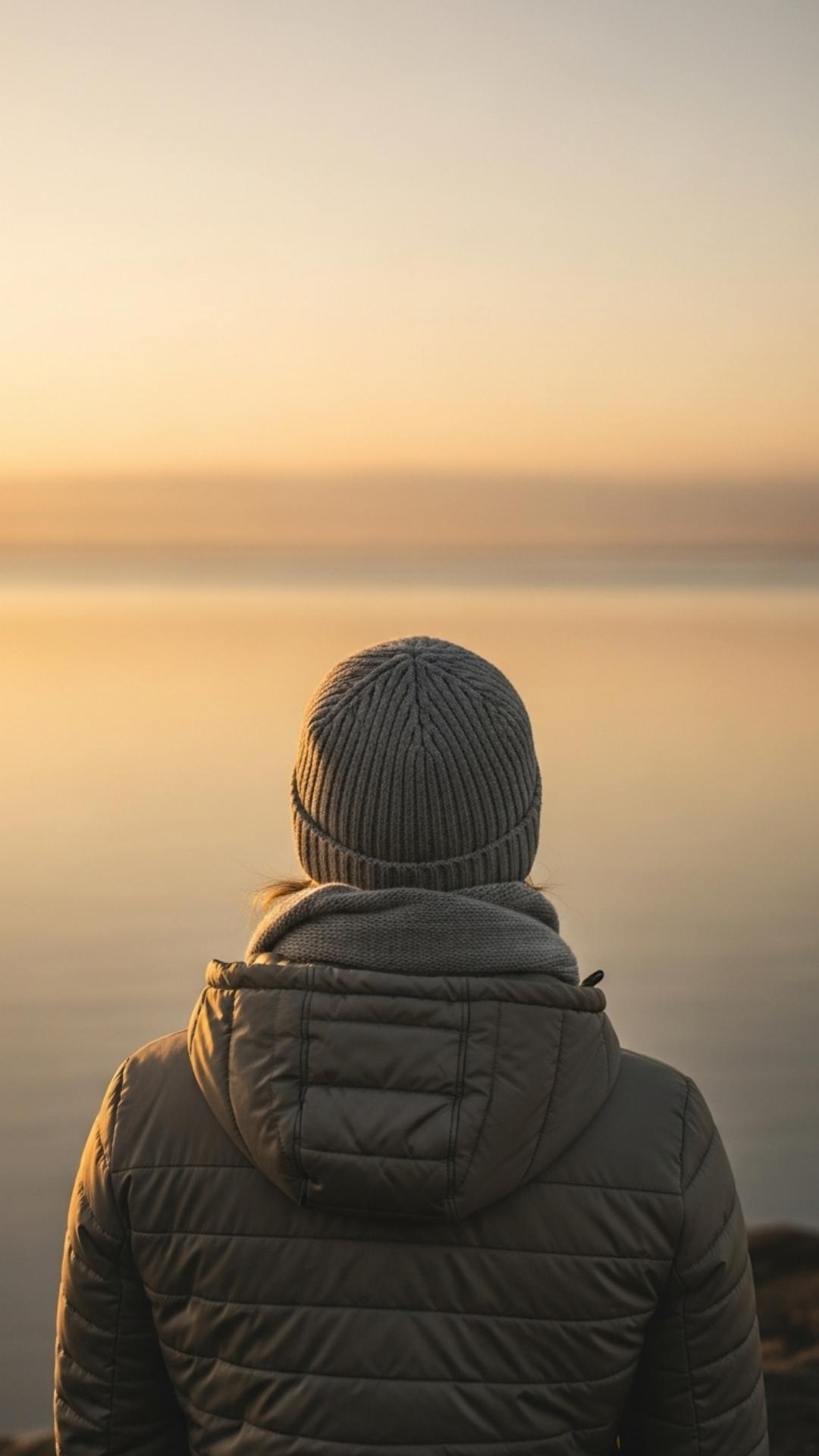 A person shot from behind, watching a serene sunrise over water, conveying quiet strength and reflective beauty.