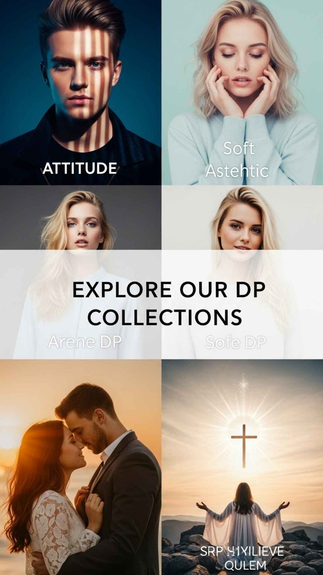 A grid-style banner with four images showing different Facebook profile picture themes: attitude, aesthetic, love, and religious.