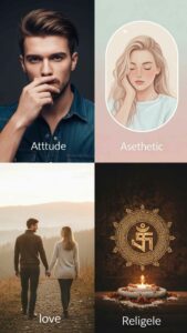 A collage showcasing diverse Facebook profile picture styles, including attitude, aesthetic, couple, and religious themes