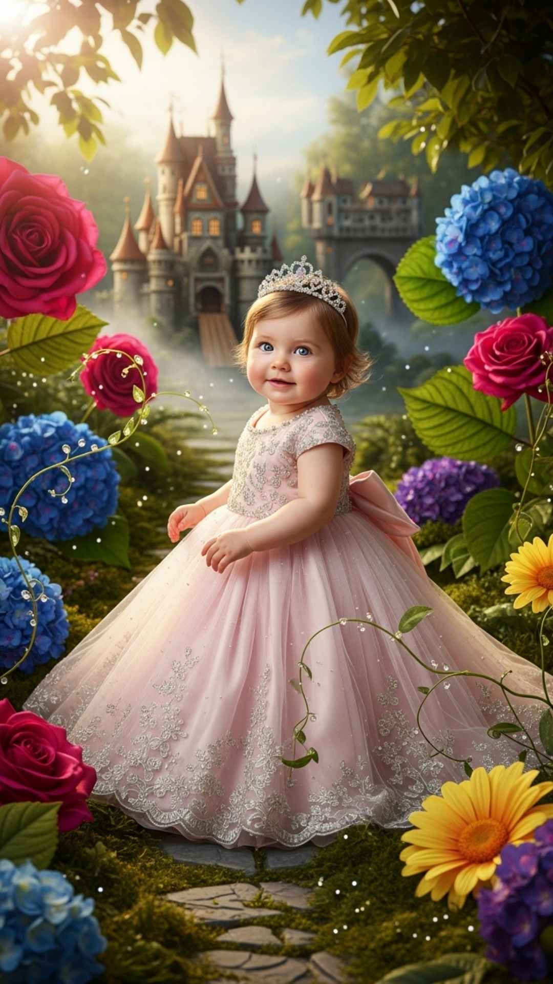 An elegant baby princess wearing a glittering tiara, sitting in a miniature castle garden with oversized flowers and warm, golden lighting.
