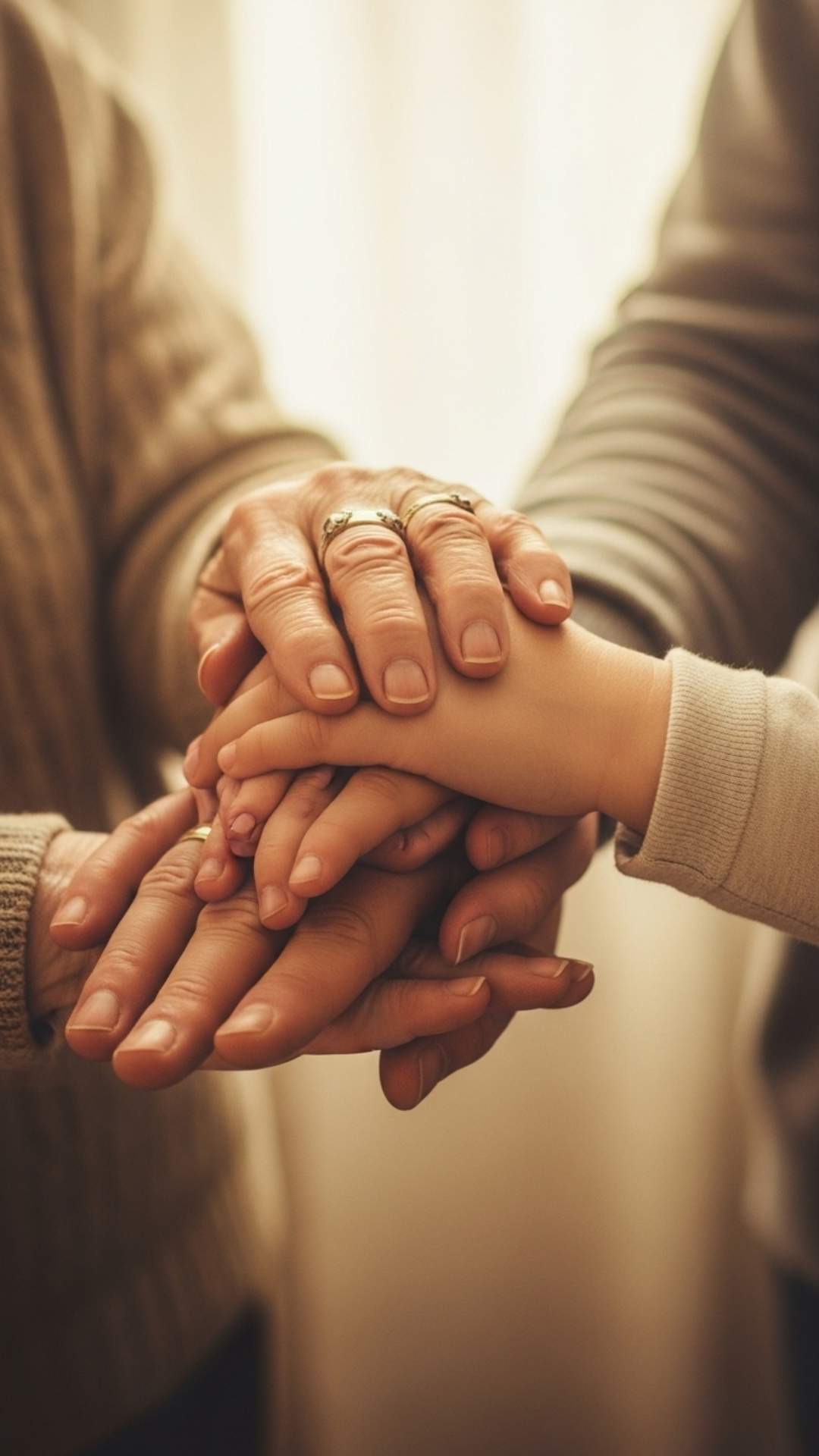 Three different generations' hands gently stacked on top of each other, symbolizing the enduring love and connection within a family