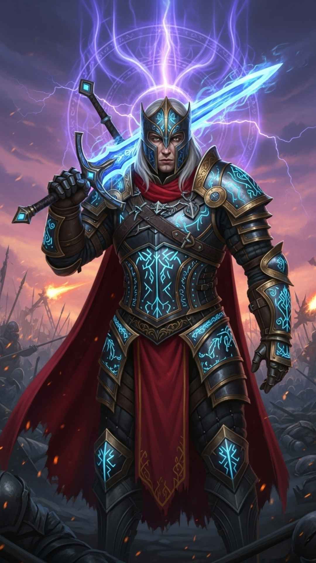 An epic digital art portrait of a fantasy warrior with intricate armor and a glowing sword on a mystical battlefield.