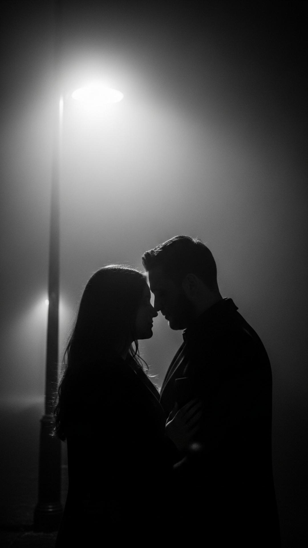 A black and white photo of a couple standing under a streetlight in the fog, with strong contrast and a mysterious mood