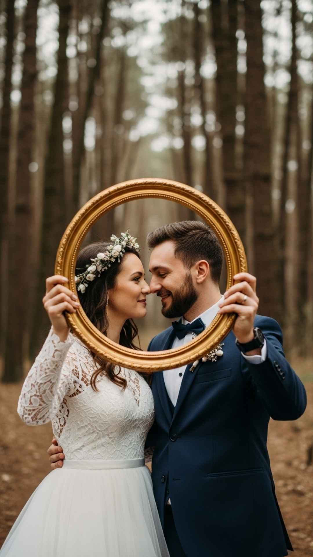 A creative photo of a couple's faces framed by a physical golden circle, illustrating the importance of framing for a circular profile picture