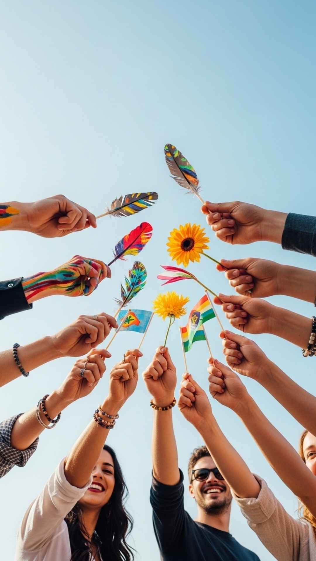 A group of diverse friends' hands reaching together in the center, each holding a colorful item, symbolizing the vibrant and unified bond of friendship