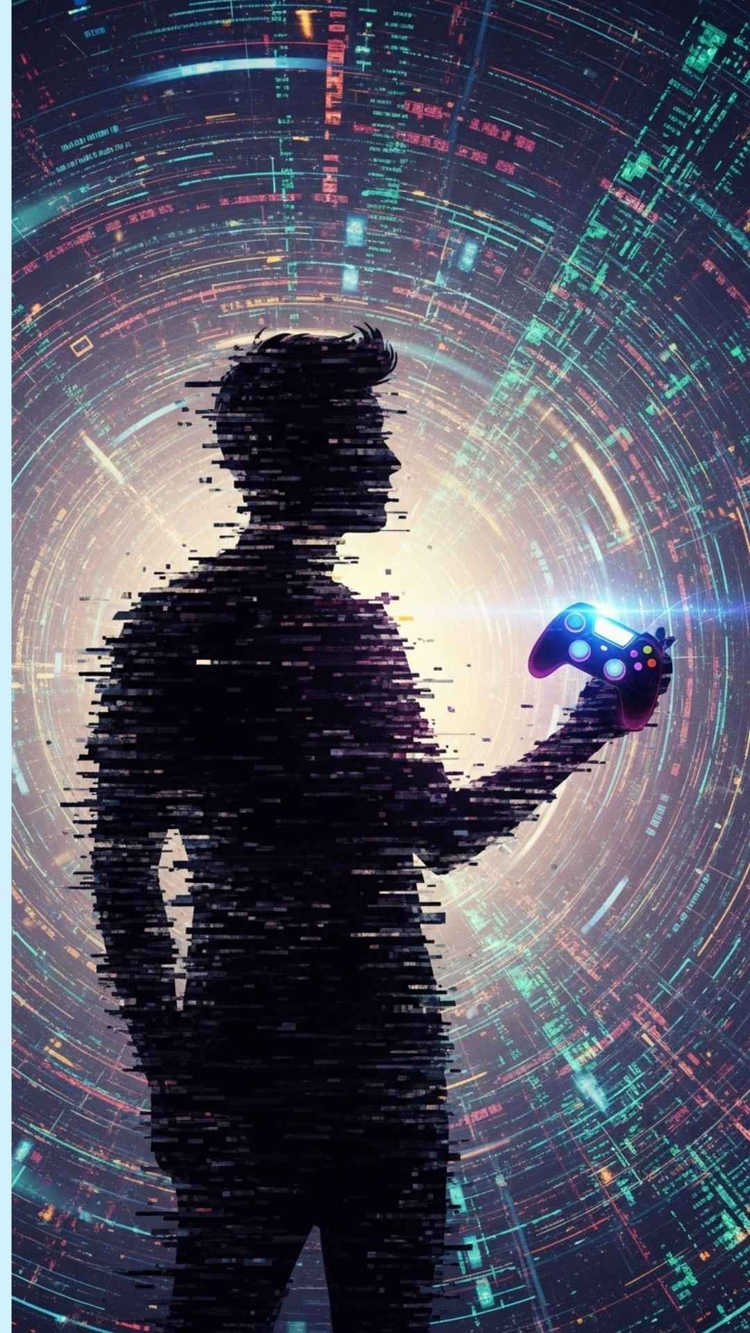 An abstract digital art illustration of a male figure made of glitching pixels, holding a glowing futuristic game controller against a backdrop of swirling digital data streams.