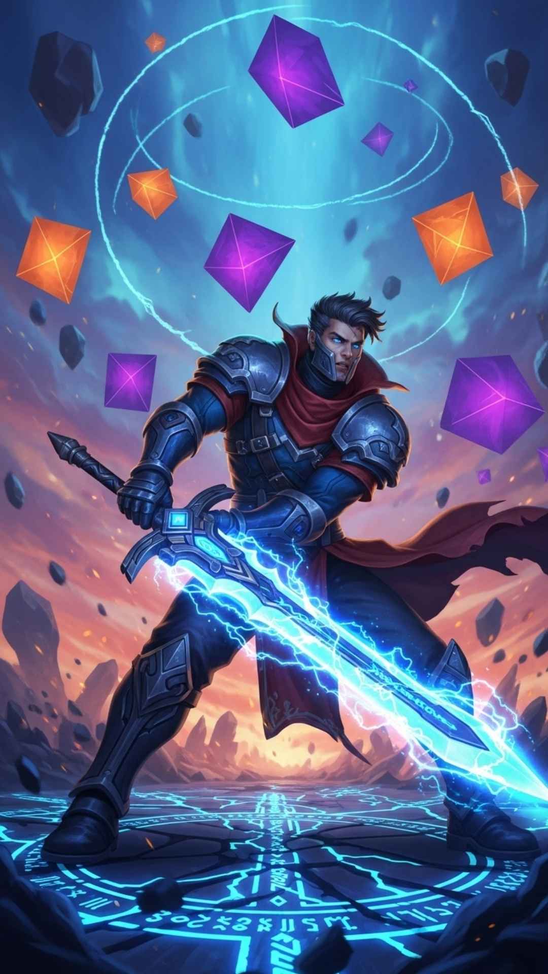 A dynamic digital art illustration of a heroic male game character in an action pose with a glowing futuristic sword on a stylized battlefield, with a color palette of deep blues, oranges, and purples.