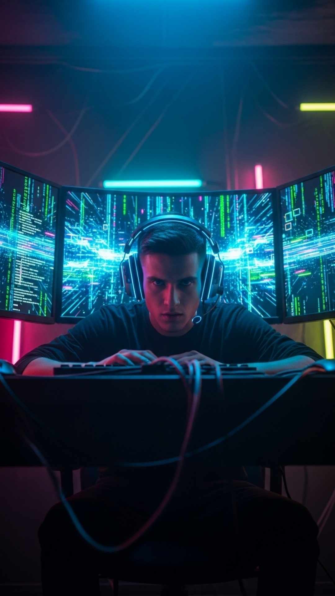A young man wearing a headset, focused on three glowing computer monitors with abstract code on them
