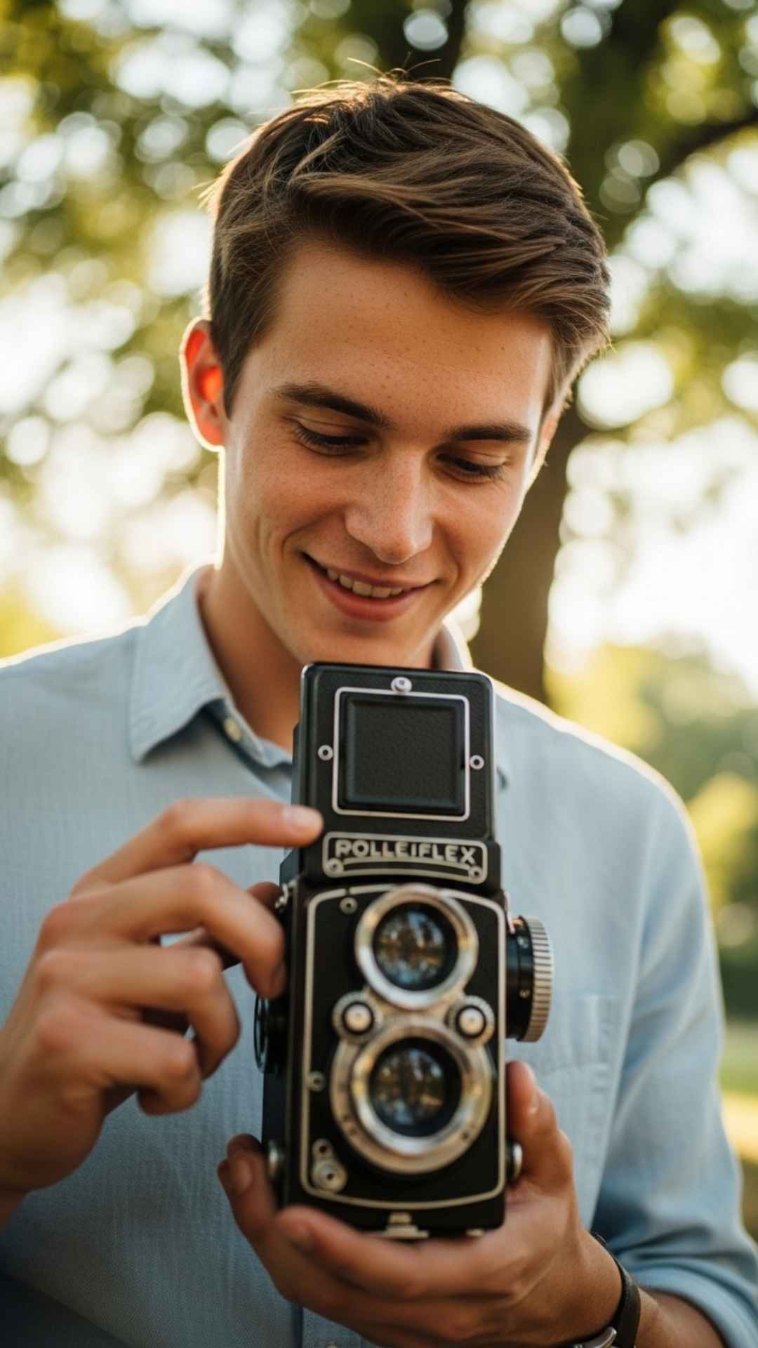 A close-up portrait of a young man with a shy smile, looking down at an object in his hands in a sunlit park