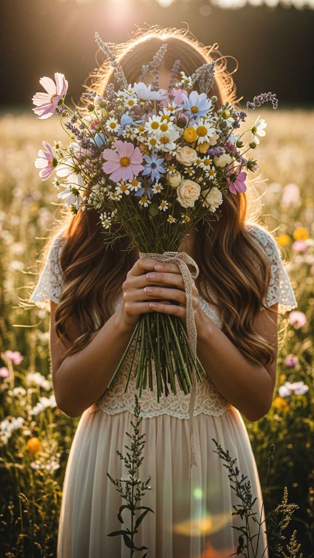 An aesthetic photo of a girl holding a bouquet of wildflowers that covers her face, in a sunlit field