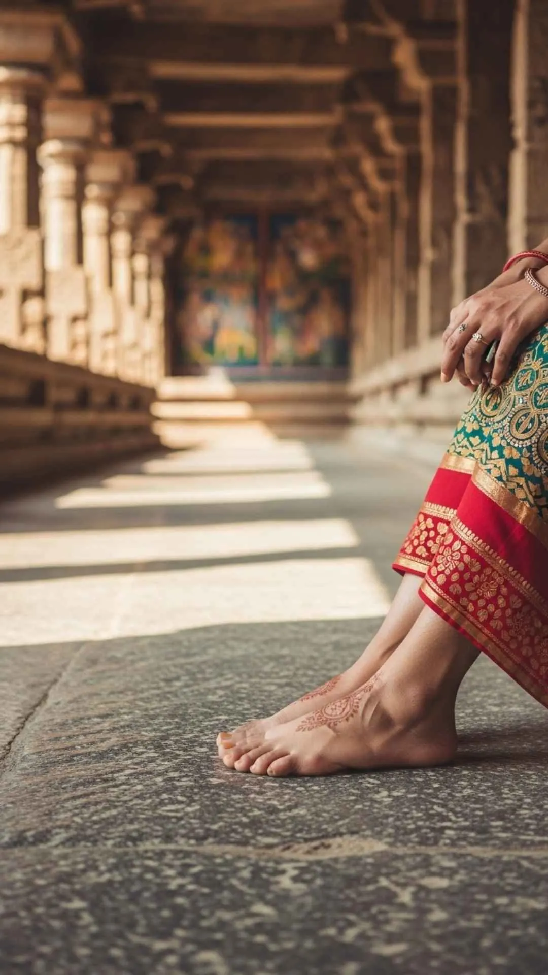 Calm attitude DP, barefoot in temple, spiritual profile picture.