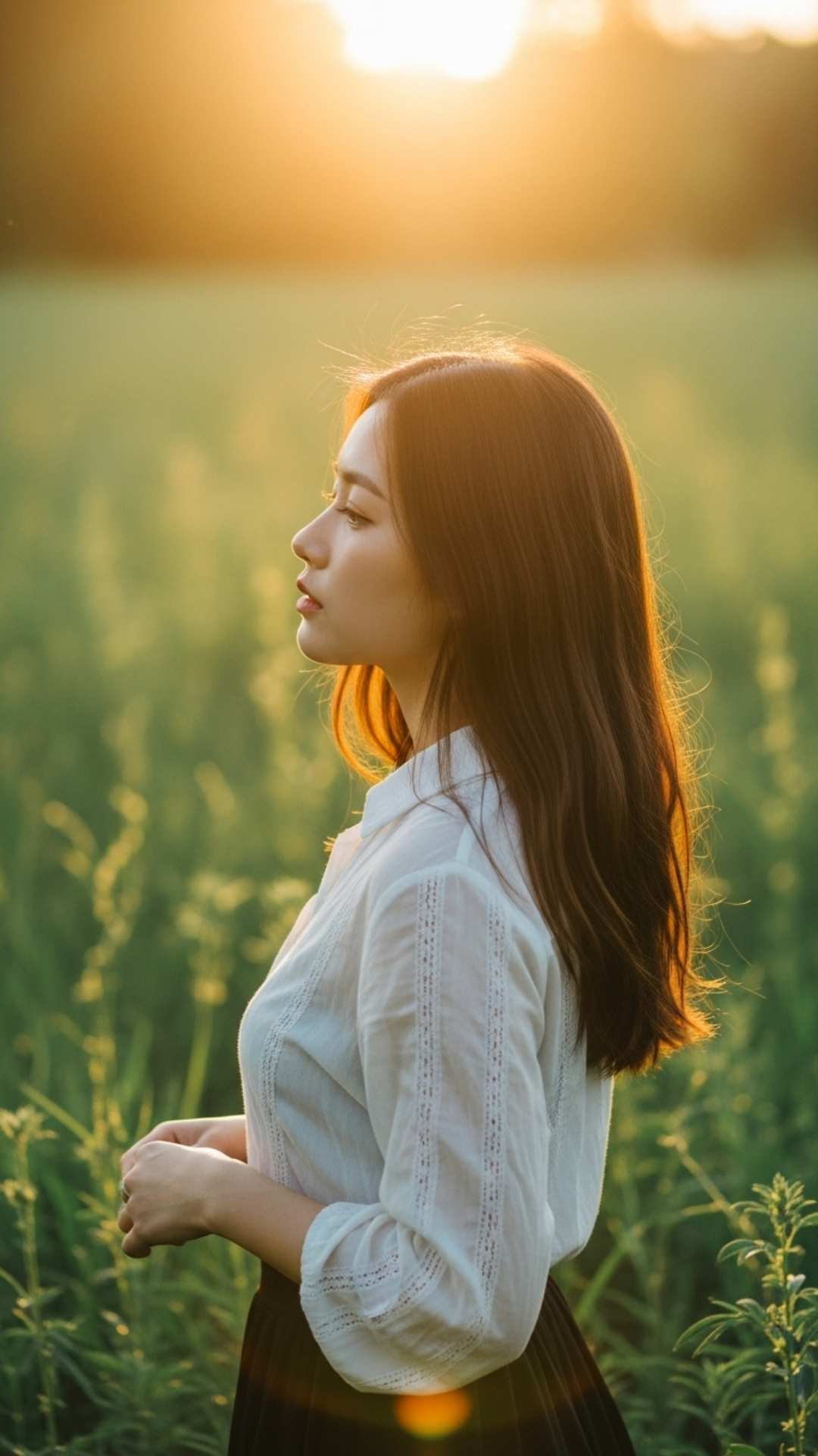 A profile portrait of a woman in a green field during golden hour, with a dreamy, serene aesthetic.