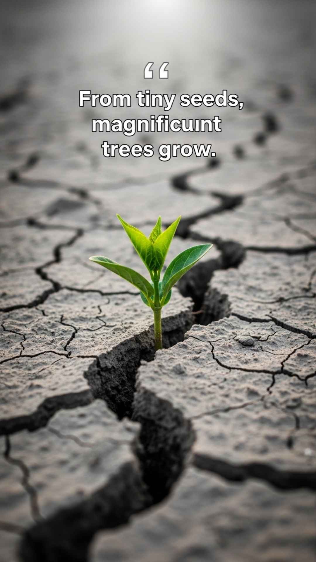 A vibrant green plant sprouts from a crack in dry earth. The photo symbolizes growth and resilience, with a powerful quote overlaid in a clean font.
