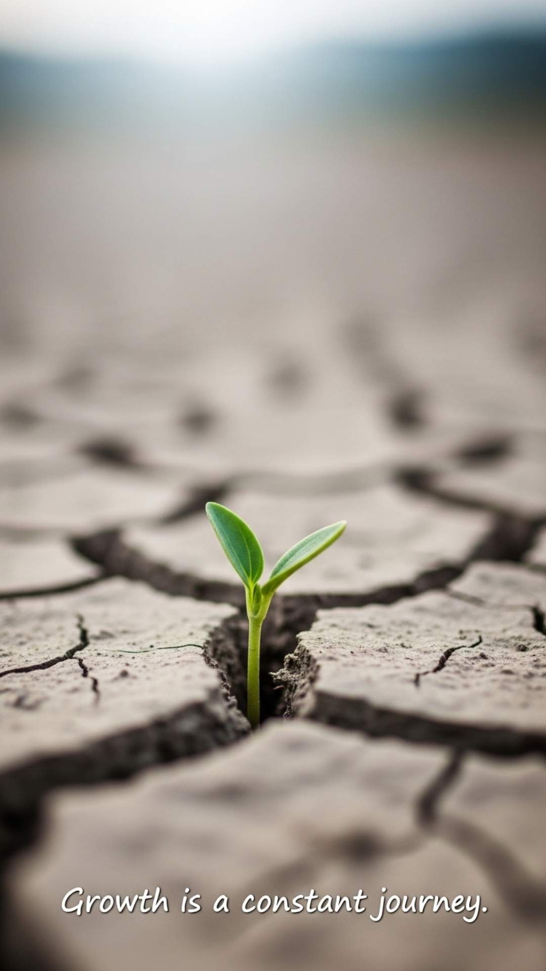 A macro photo of a small green plant sprouting from cracked earth, with a handwritten quote about continuous growth, symbolizing resilience.