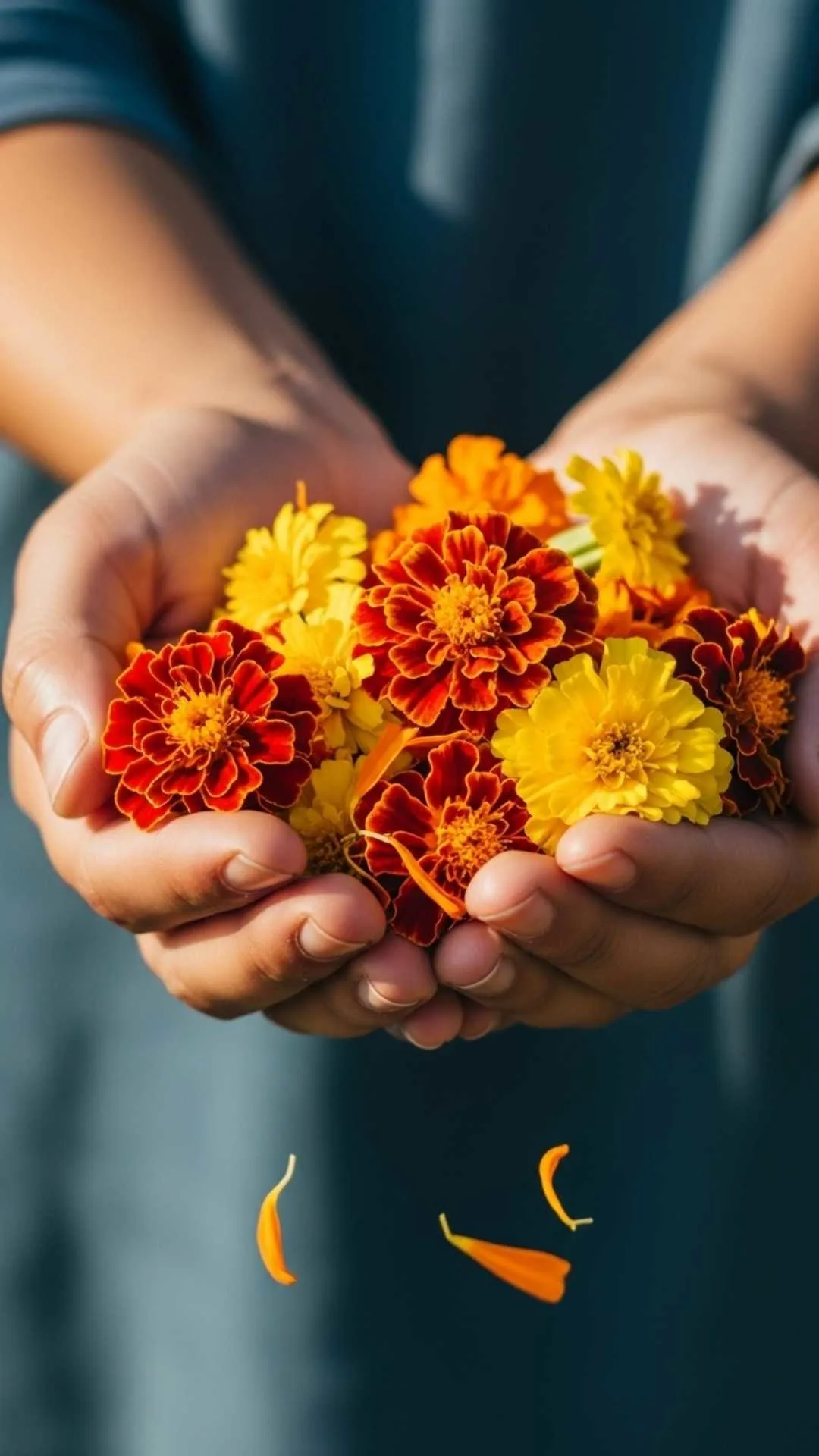 Hands cupping vibrant orange and yellow marigold flowers. A joyful and abundant floral DP for WhatsApp, representing happiness and auspiciousness. #marigold #joy #abundance