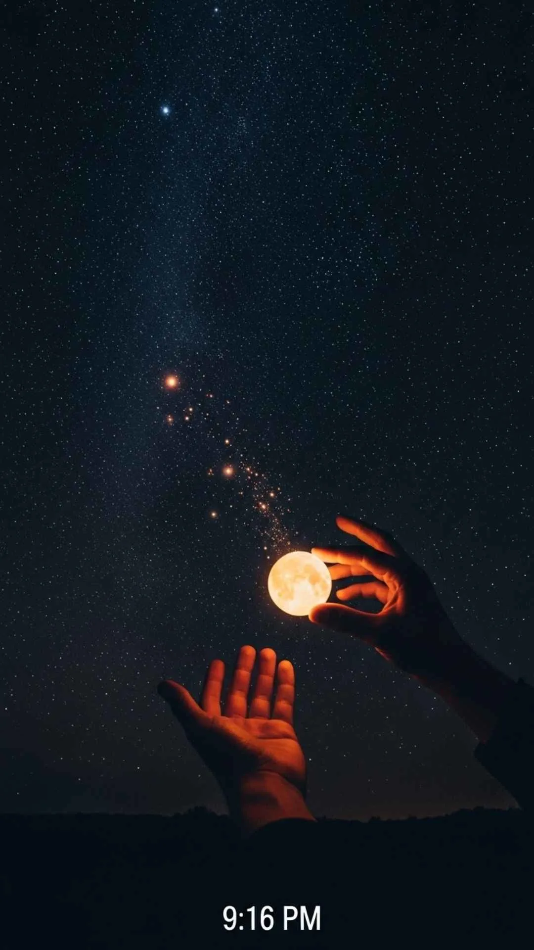 Hopeful attitude DP, hands releasing light, magical starry night profile.