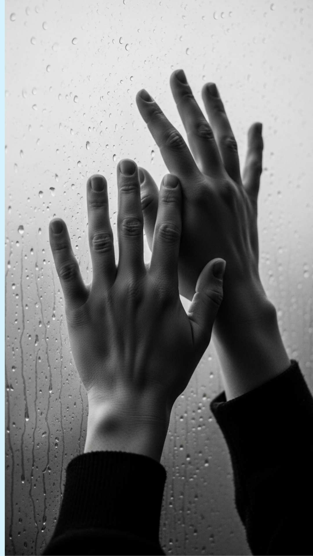 A close-up, black and white photo of a hand resting on a foggy windowpane with raindrops. The image conveys a feeling of quiet solitude and longing