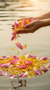 Hands releasing lotus and marigold petals onto water as an offering. A spiritual and peaceful floral DP for WhatsApp, symbolizing devotion and tranquility. #floraloffering #peaceful #spiritual