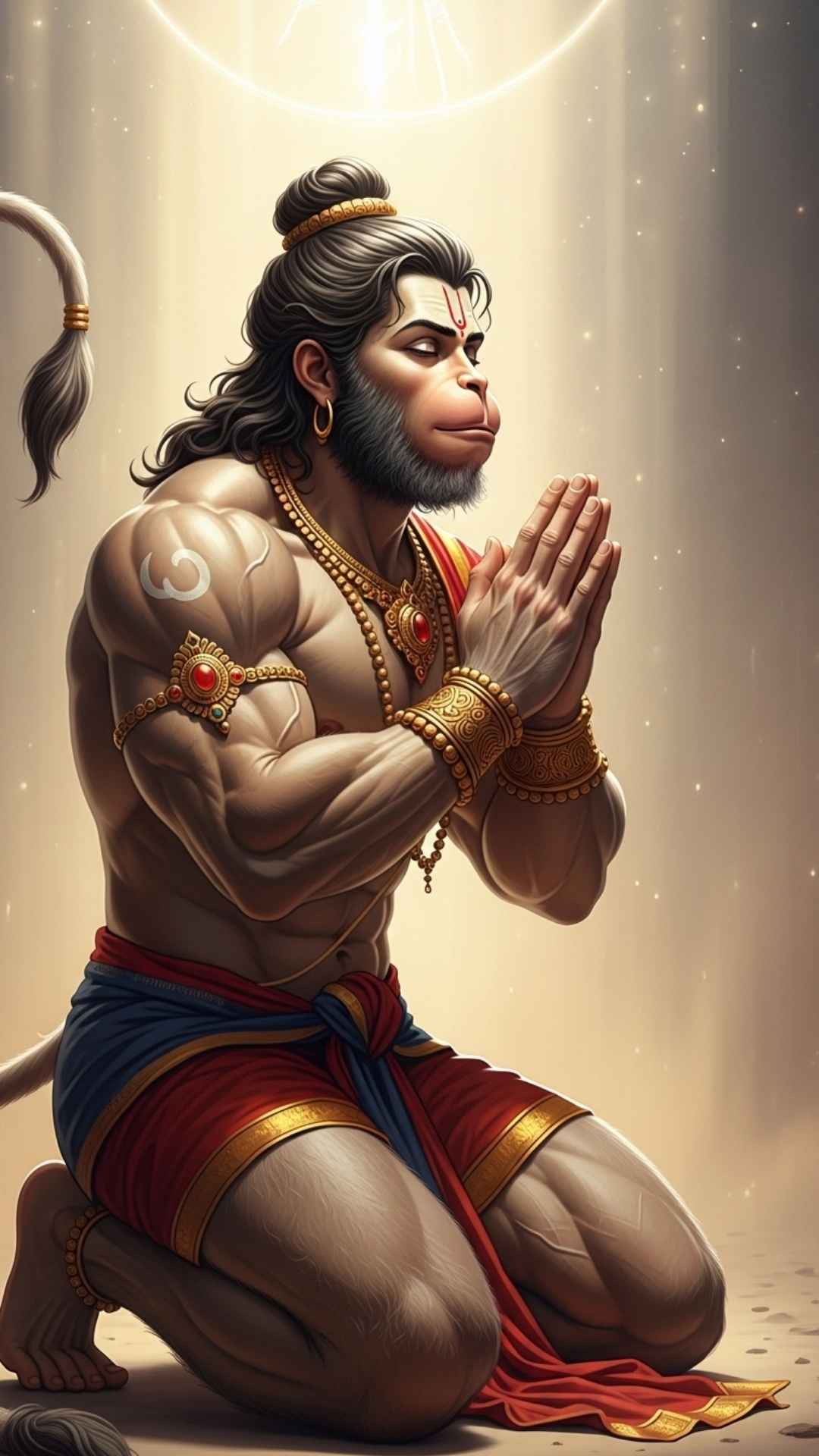 A detailed illustration of a muscular Lord Hanuman kneeling in a pose of deep devotion, looking up at a divine light
