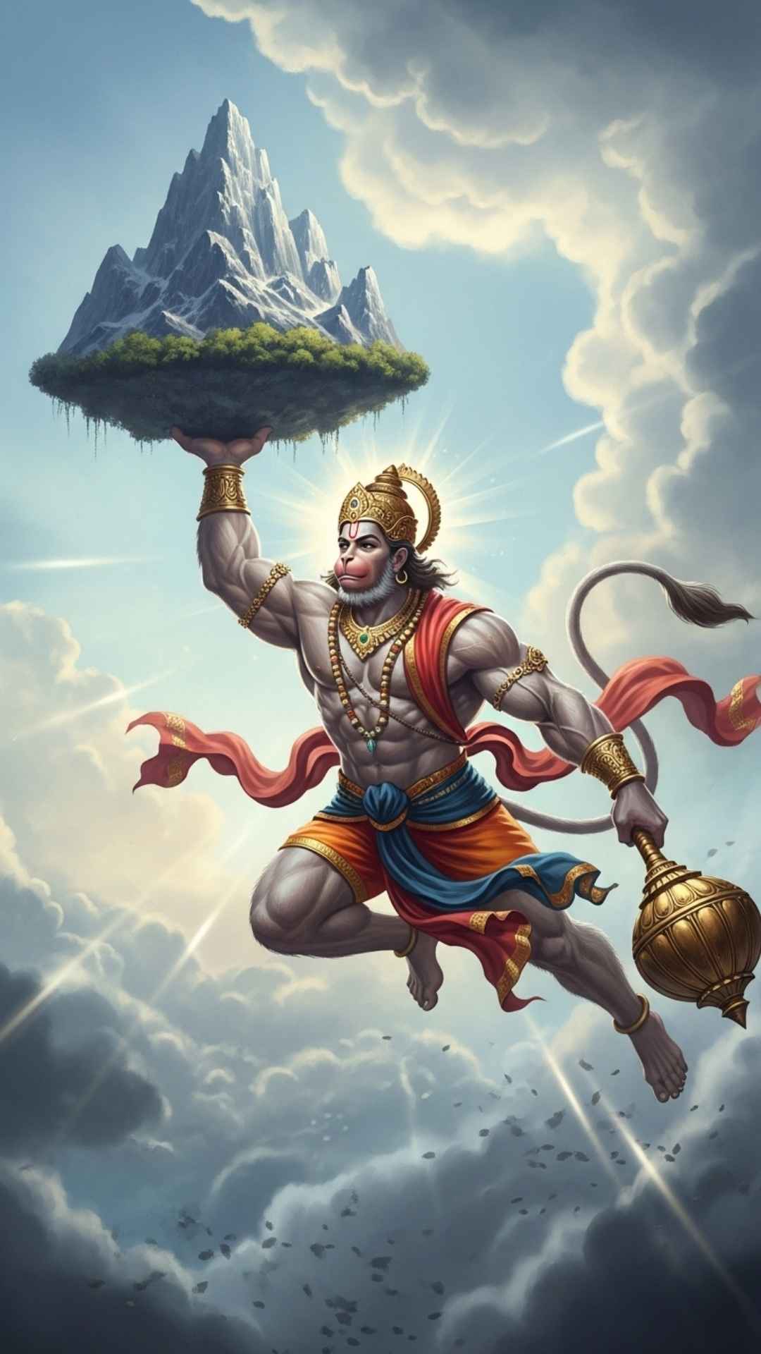 A powerful digital painting of Lord Hanuman flying through the sky in a heroic pose, carrying a large mountain in one hand.