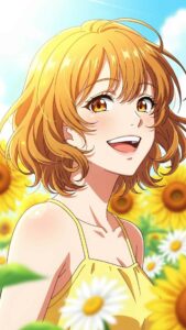 A cheerful anime DP of a character smiling brightly in warm, golden sunlight