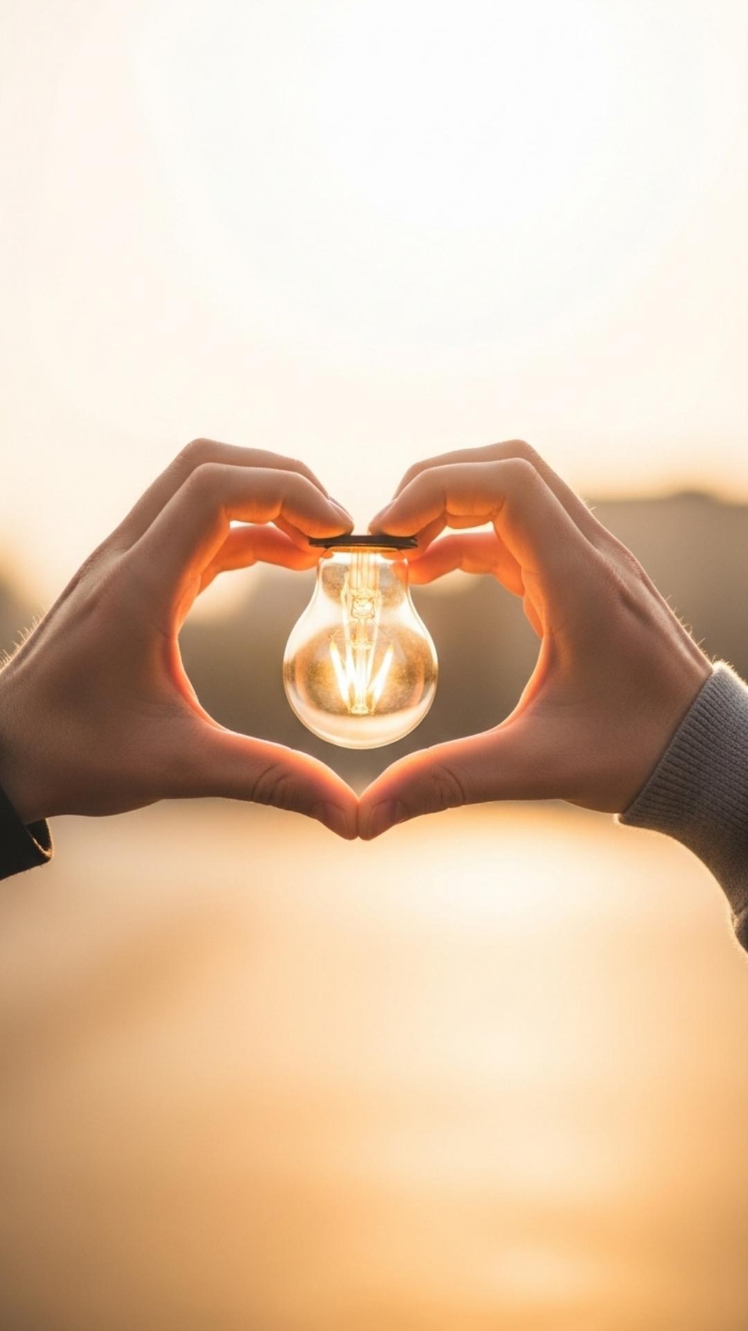 A modern photograph of two hands forming a heart, with a glowing light bulb inside, symbolizing a bright and public declaration of love.