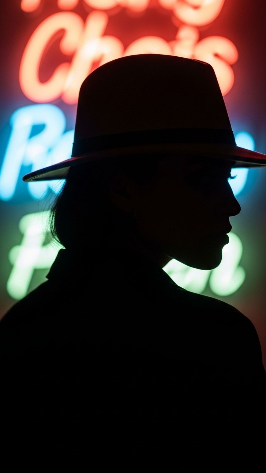 A mysterious silhouette of a woman in a fedora against a backdrop of neon lights, conveying a hidden face attitude