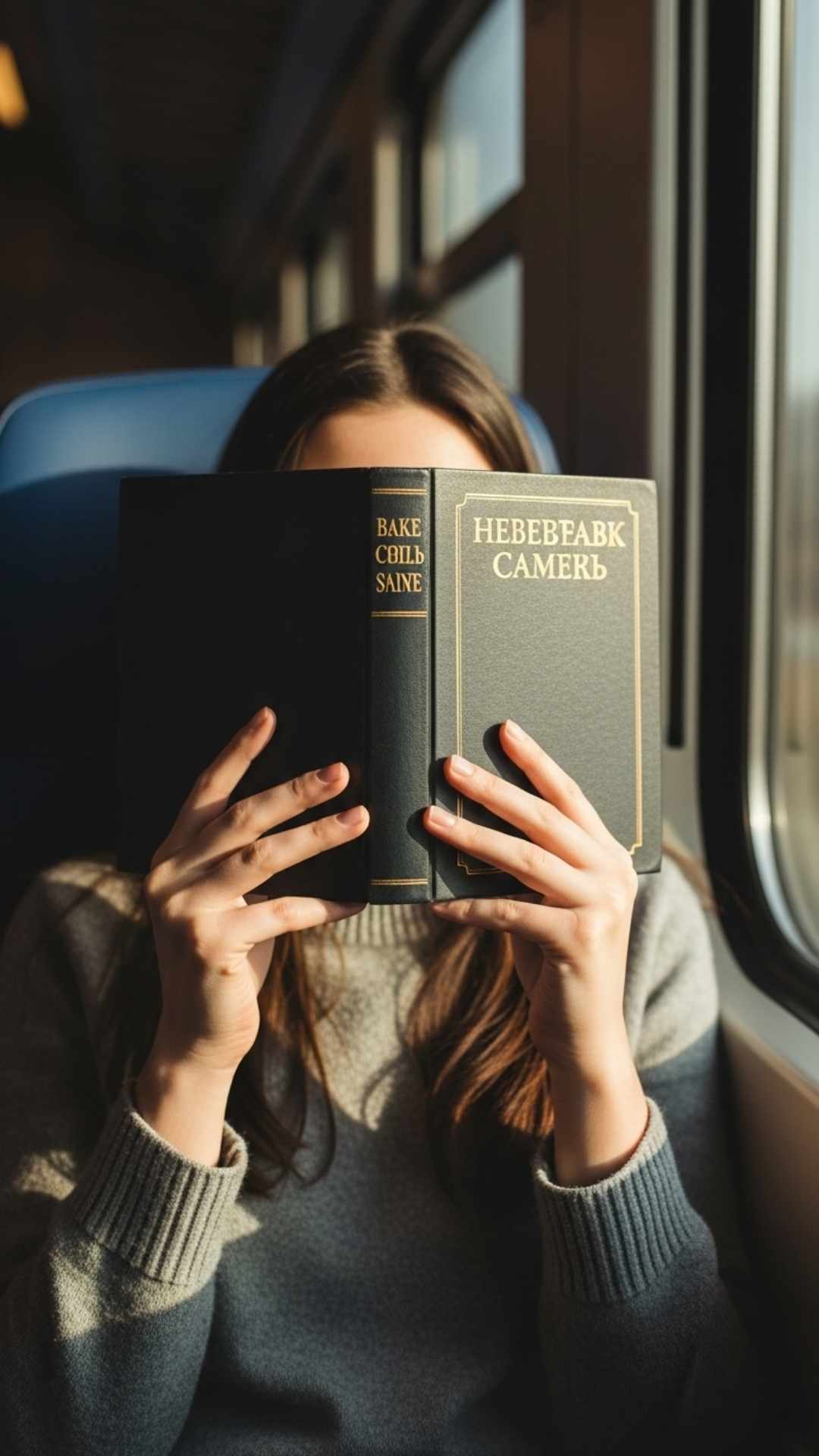 A girl's face is hidden by a vintage book she is holding as she sits on a train, representing a moment of private introspection and anonymity