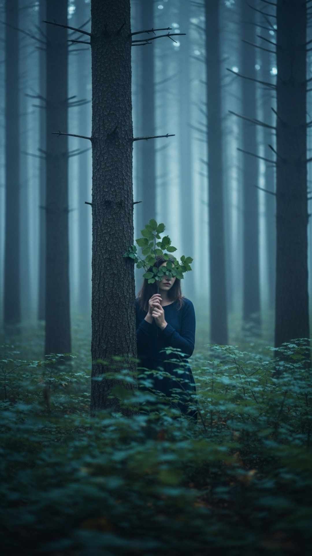 A girl's face is subtly hidden by leaves as she stands in a mystical, foggy forest, expressing a deep, quiet sadness and connection to nature