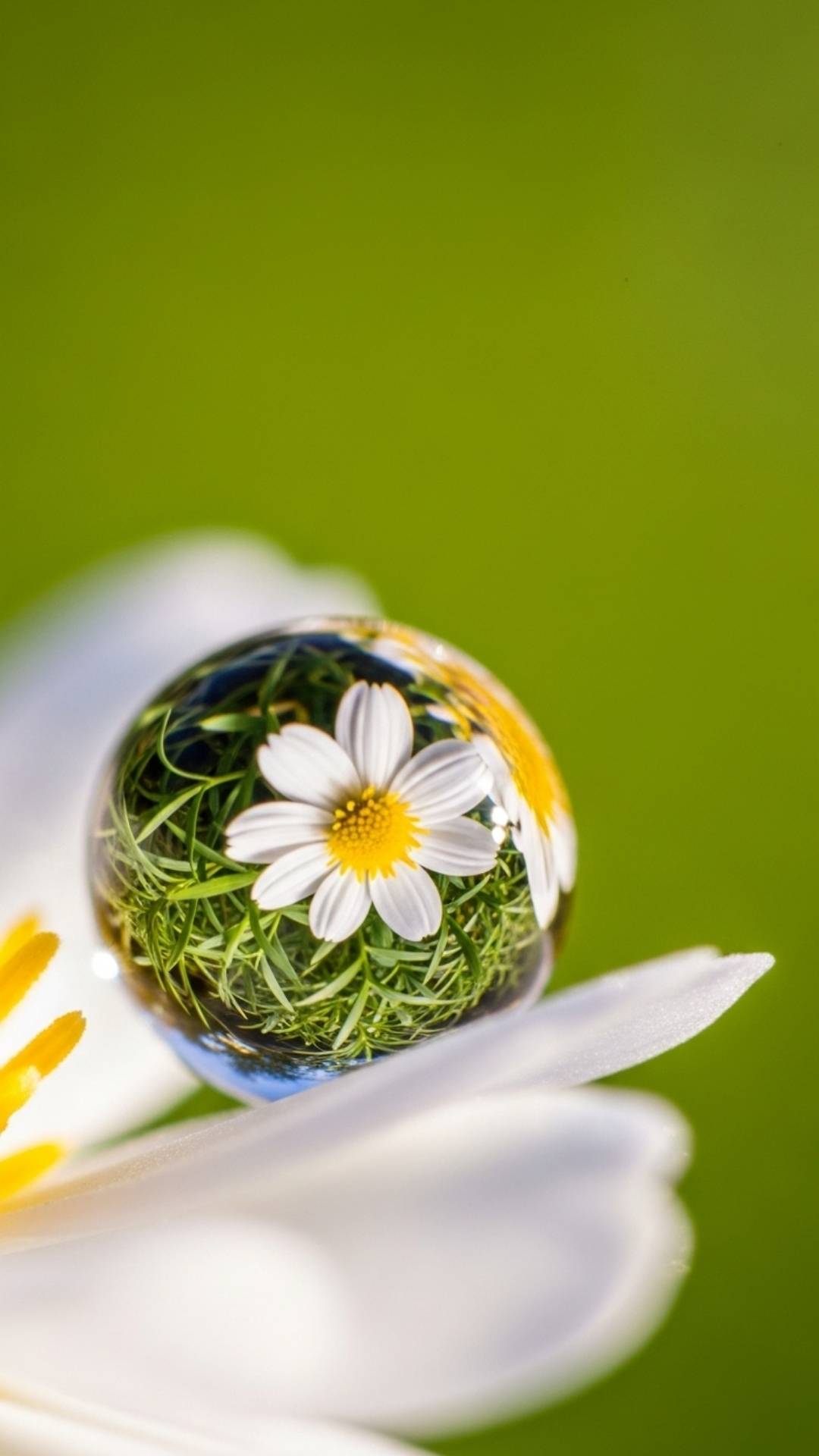 A macro photo of a dewdrop with a clear reflection of a flower, showcasing high-resolution detail and a professional aesthetic