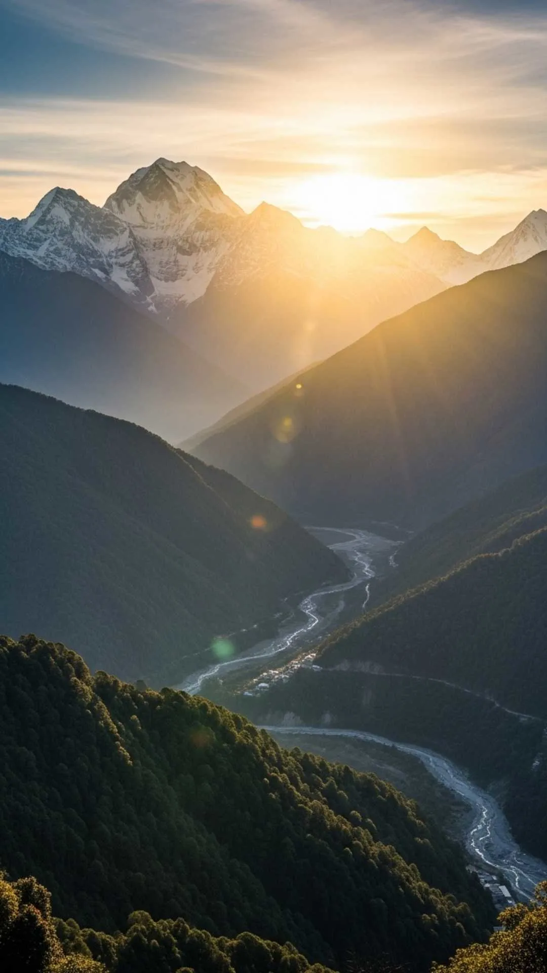 A hopeful sunrise over the Himalayas, with golden light touching the snowy peaks. A perfect nature DP for WhatsApp symbolizing inspiration and new beginnings.