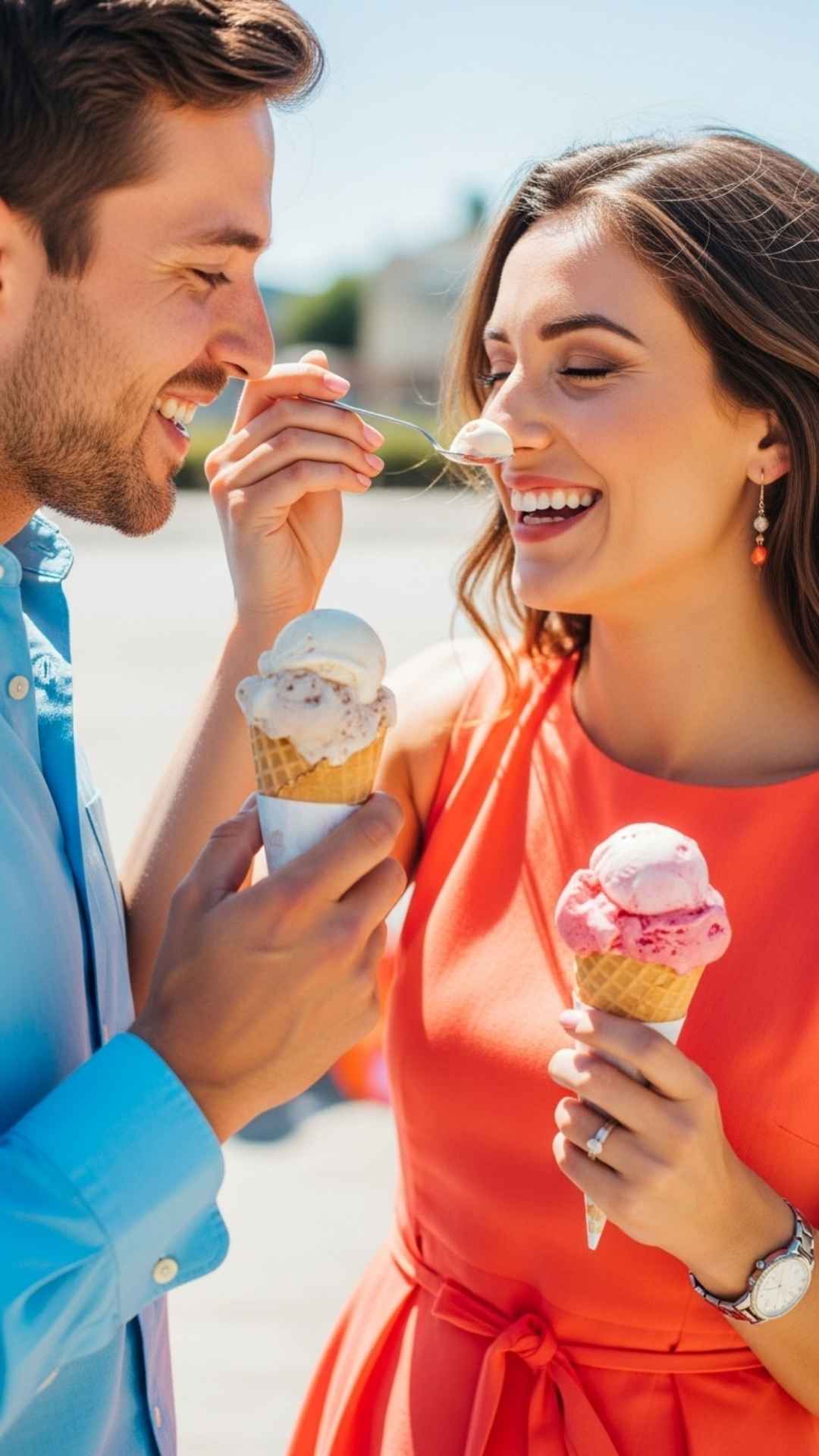 A close-up shot of a couple sharing ice cream and laughing, with bright, complementary outfits under a sunny sky