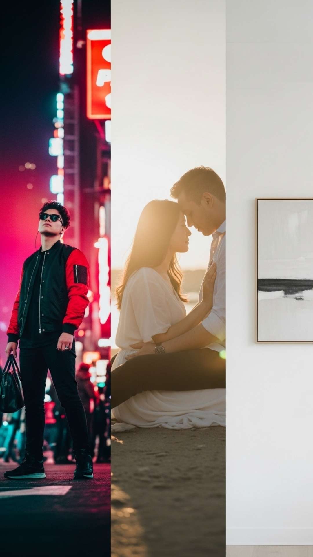 An Instagram DP hero image featuring a person with attitude, a couple, and an aesthetic minimalist space, all blended together in a single high-quality frame.