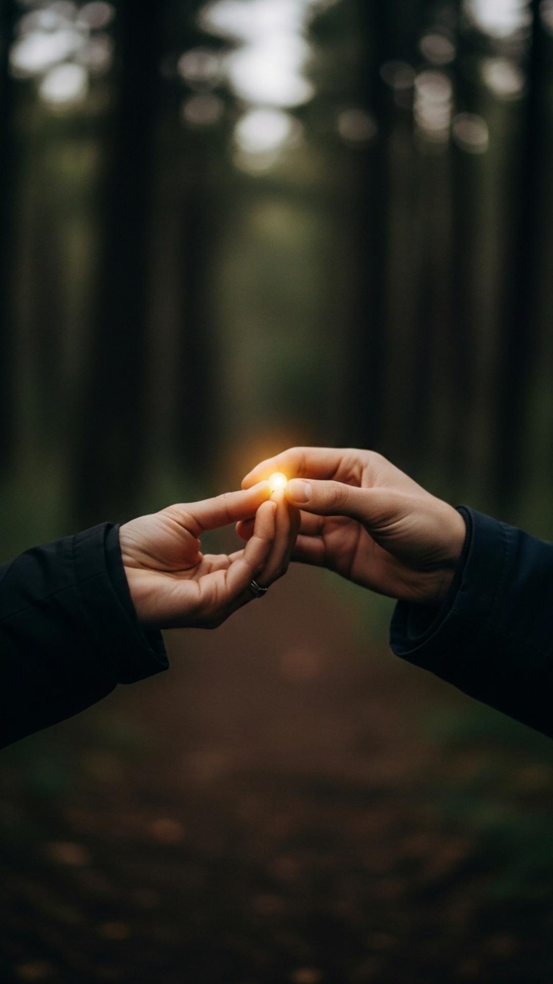 A close-up of two people's hands intertwined, holding a small glowing light in a forest setting