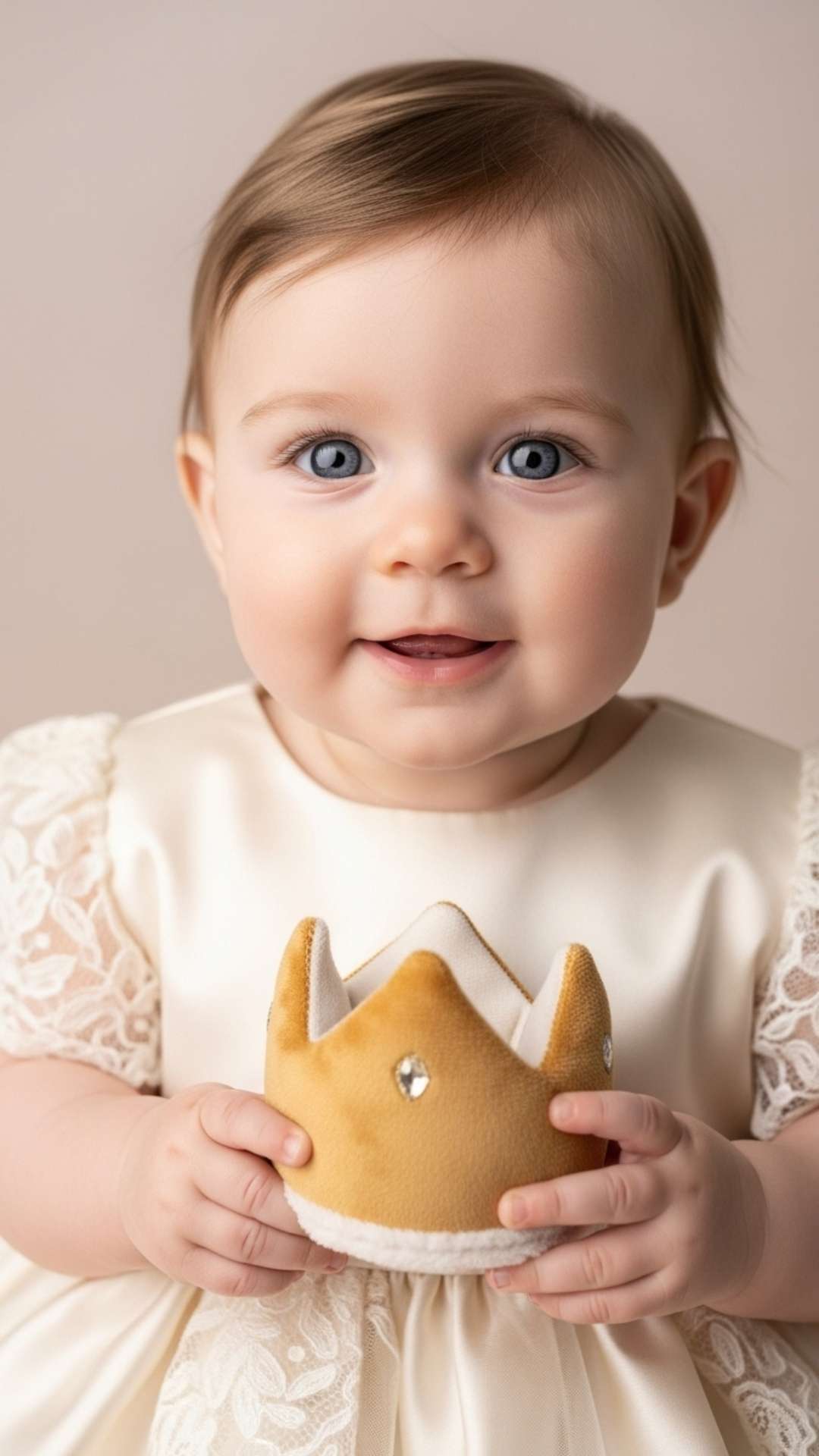 A close-up of a baby in a simple princess gown, holding a toy crown with a joyful expression against a pastel background.