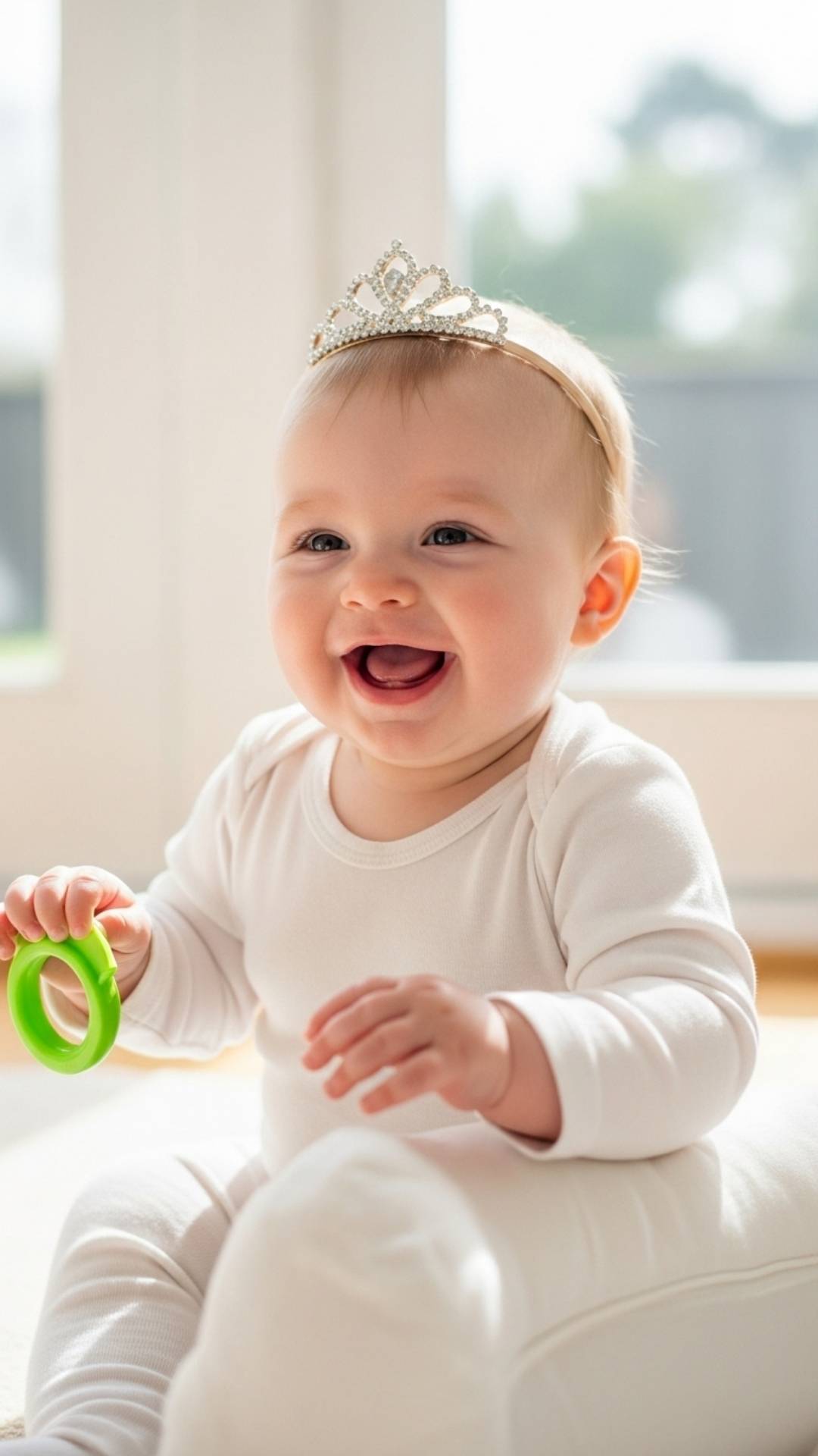 A candid photo of a baby with a radiant smile, wearing a subtle tiara while playing in a sunlit room.