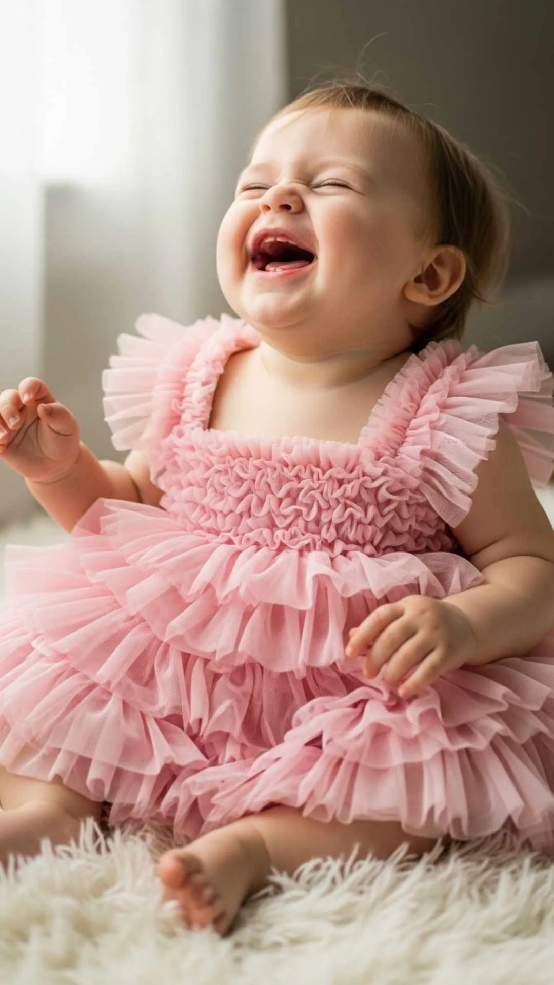 An adorable baby girl in a pink dress laughing heartily, with her eyes crinkled in pure happiness for a WhatsApp profile picture