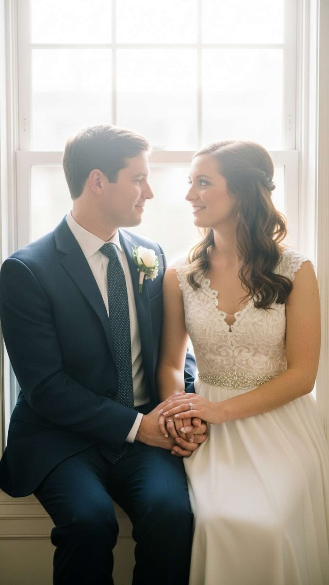 A candid portrait of a couple sitting on a window ledge in a sun-drenched room, with gentle, natural light.