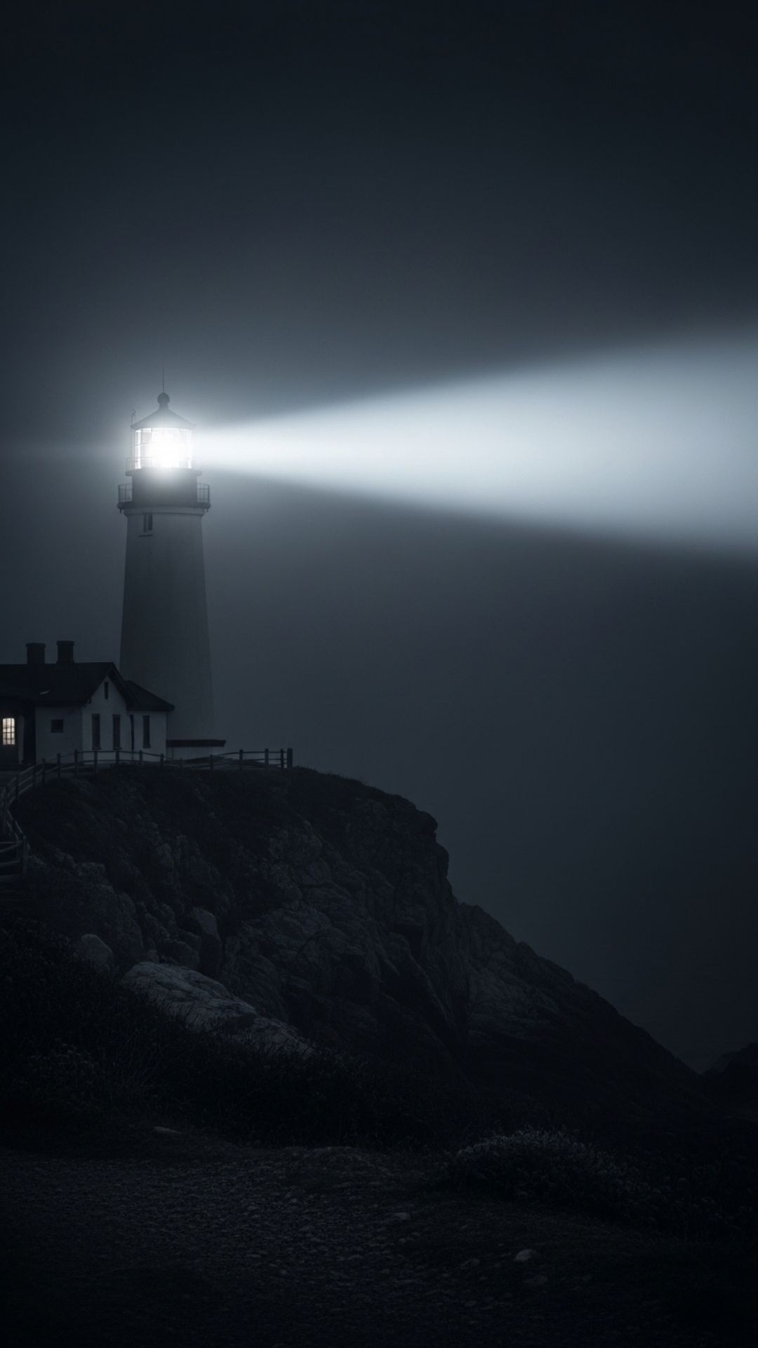 A cinematic photo of a lighthouse on a cliff at night, its powerful beam cutting through fog, symbolizing hope and guidance in darkness.